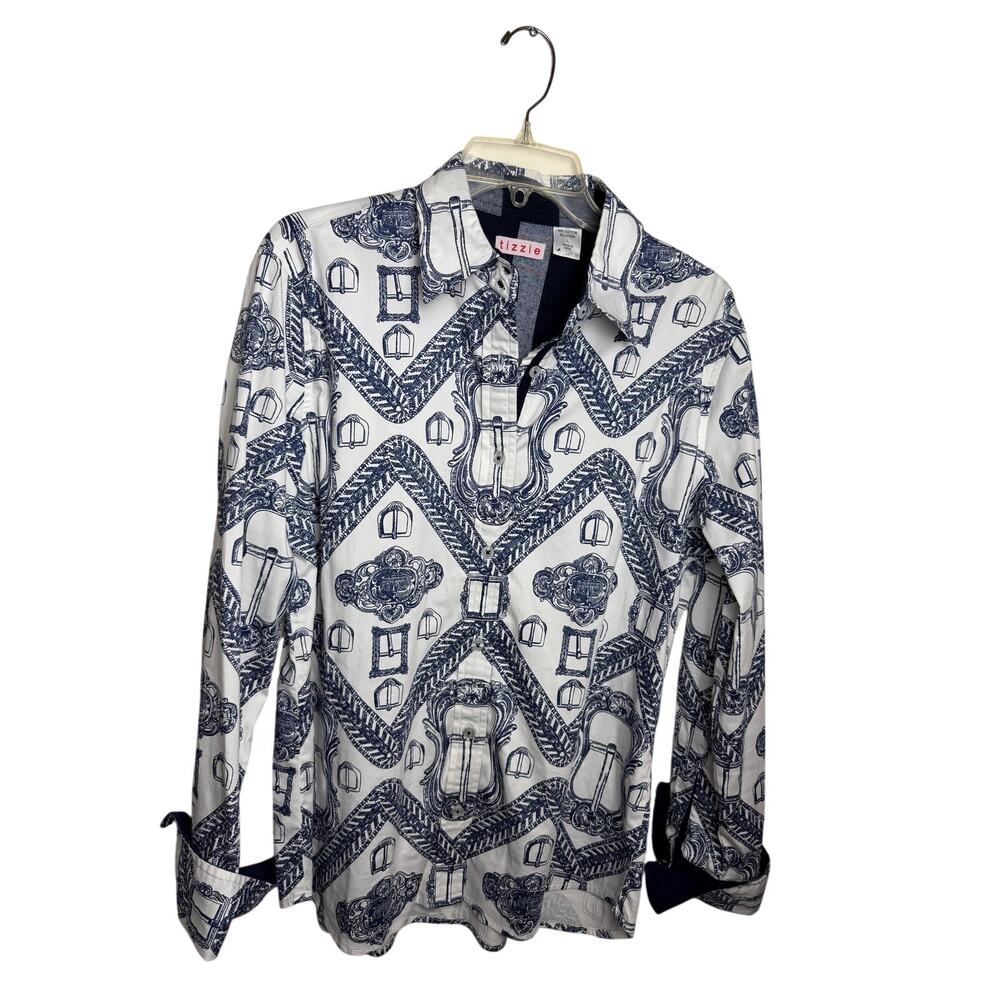 Tizzie White Navy Equestrian Buckle Print Button Down Blouse Size Large